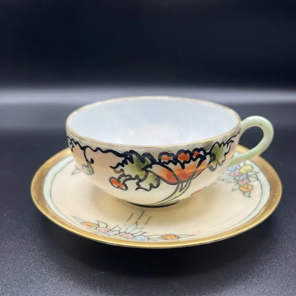 Antique Hand Painted Japan Teacup & Germany Porcelain Saucer Mismatched Art Deco